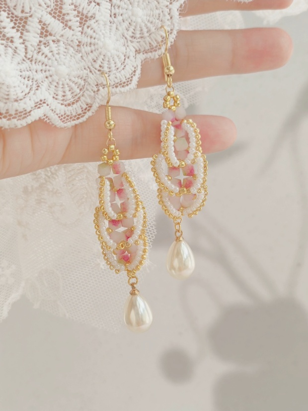 Handmade Pearl Crystal Jewelry Set | Elegant Pink Beaded Bracelet & Drop Earrings Gift for Women