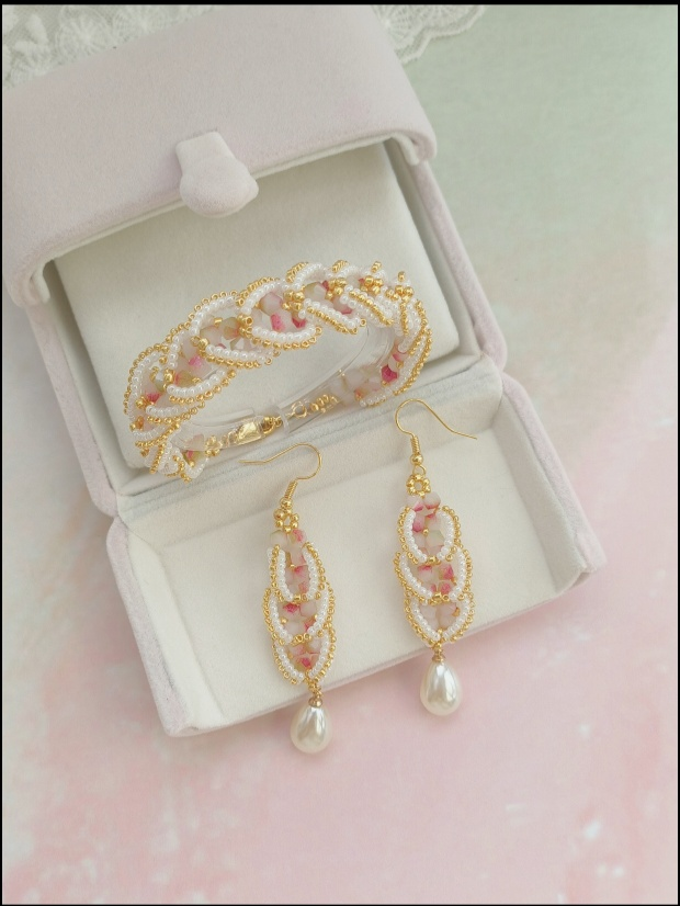 Handmade Pearl Crystal Jewelry Set | Elegant Pink Beaded Bracelet & Drop Earrings Gift for Women