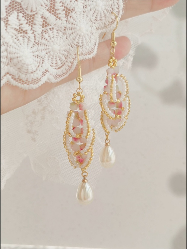 Handmade Pearl Crystal Jewelry Set | Elegant Pink Beaded Bracelet & Drop Earrings Gift for Women