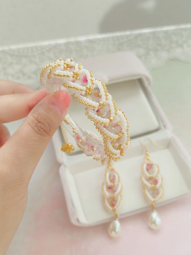 Handmade Pearl Crystal Jewelry Set | Elegant Pink Beaded Bracelet & Drop Earrings Gift for Women